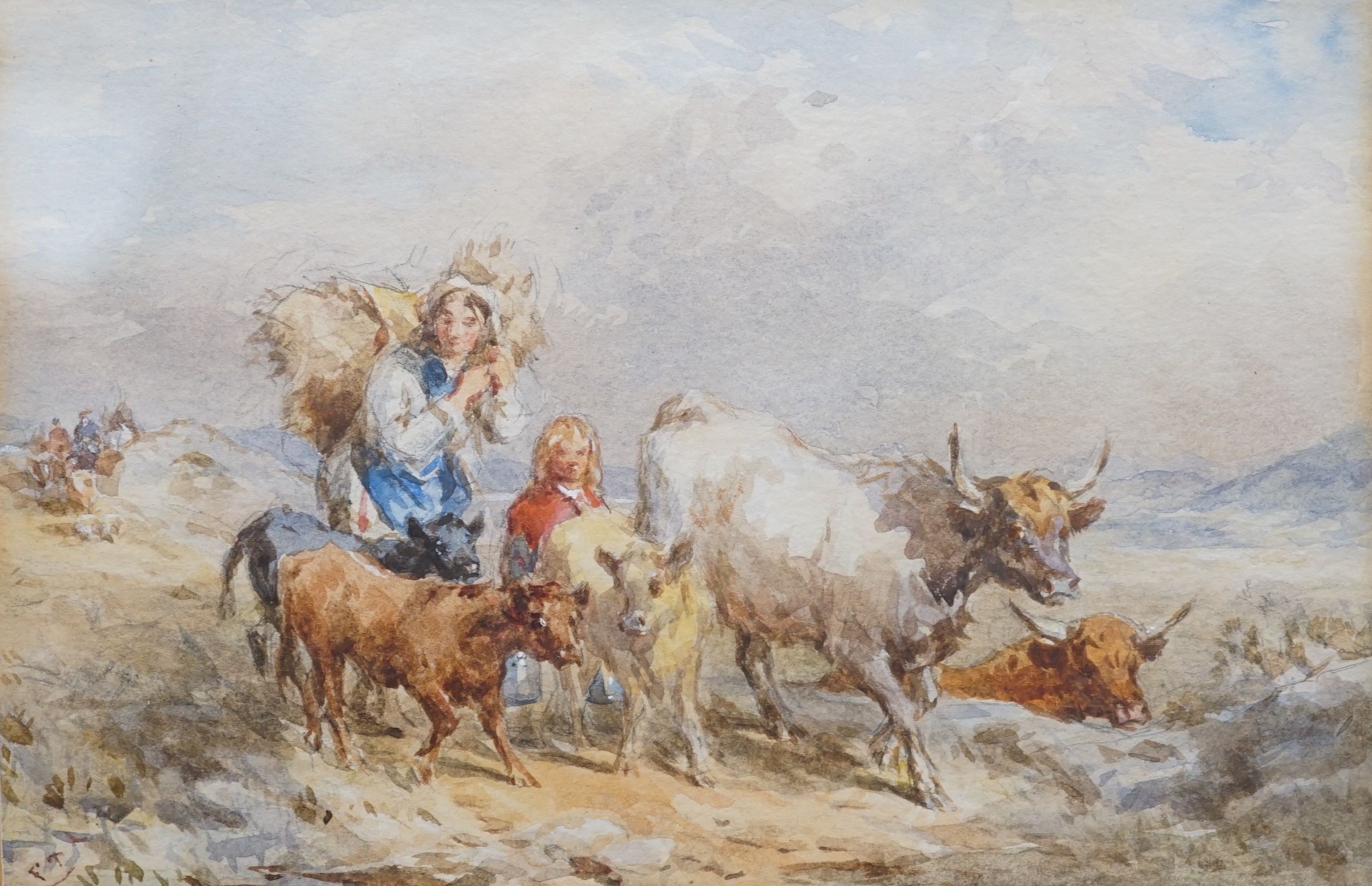 John Frederick Taylor (1802-1889), Milkmaid with cows on a country road, watercolour, signed initials, 11 x 17cm